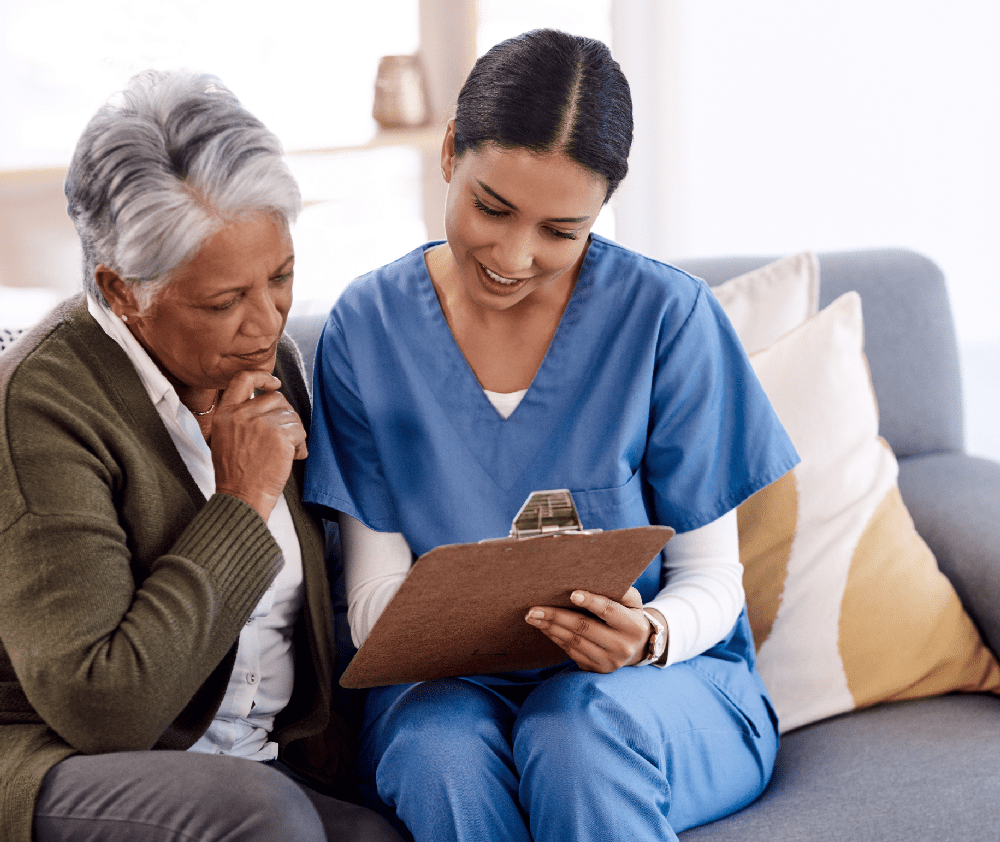 Healthcare, documents and a nurse talking to an old woman patient in a nursing home for treatment.