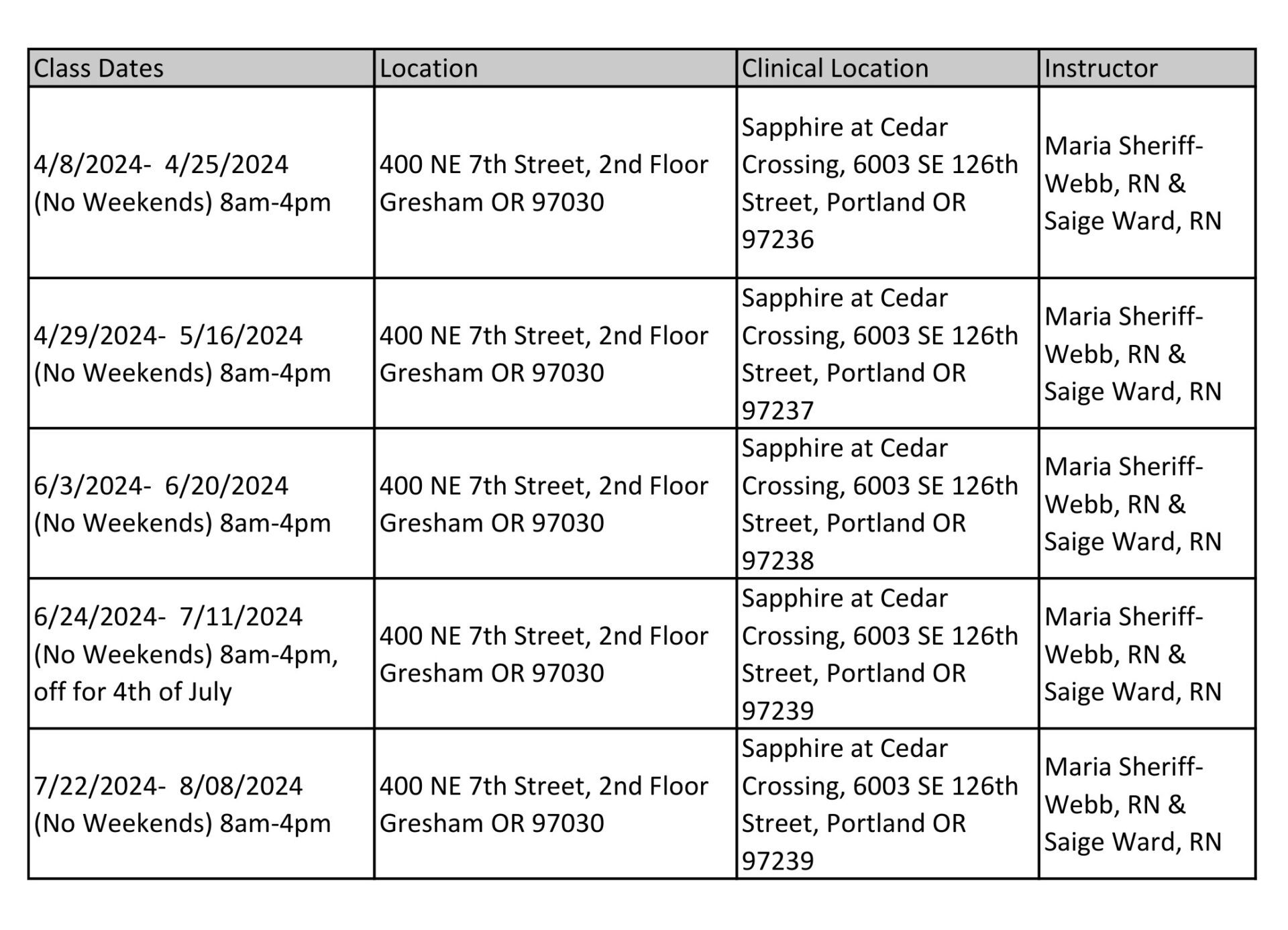 Class Schedule